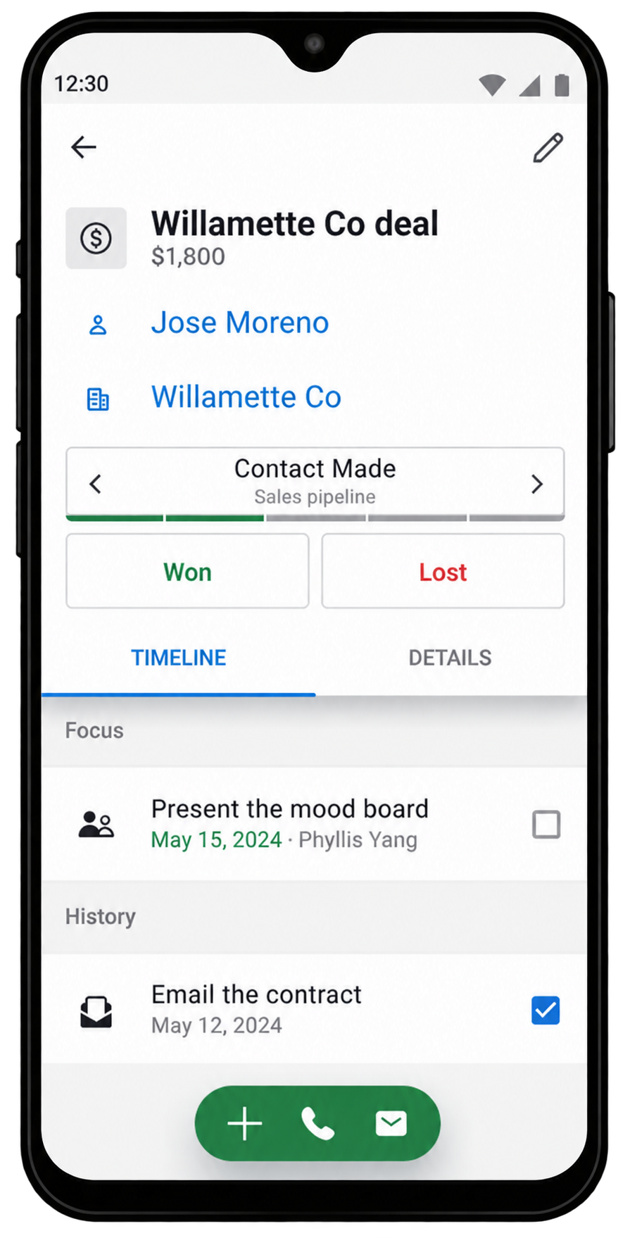 Pipedrive mobile Timeline tab showing open and completed activities